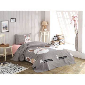 Set cuvertura pique Single 2 piese, L'essentiel Maison, Tavşancık, Grey / Brown / Beige / Black / Pink