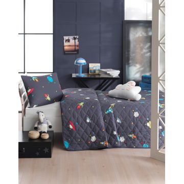 Set cuvertura Single 2 piese, L'essentiel Maison, Uzay, Albastru închis / Alb / Albastru / Galben / Portocaliu