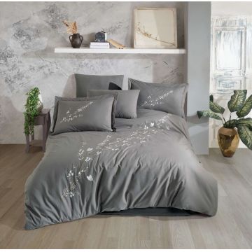 Set de huse de pilotă duble din poplin brodat, L'essentiel Maison, Vera, Gri