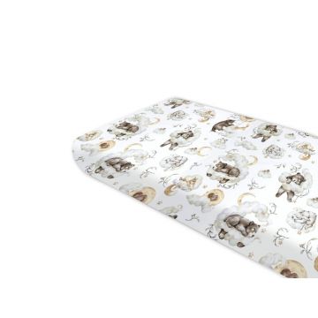 Cearceaf cu elastic, Qmini, Pentru pat 160x80 cm, Din bumbac certificat Oeko Tex Standard 100, Teddy Bear and Friends Beige