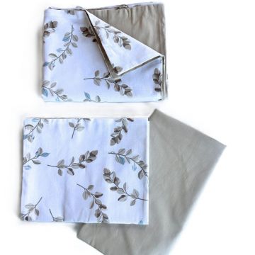 Lenjerie cu 3 piese din bumbac organic pentru patut 120x60 cm Twindeco Alb cu frunze maro