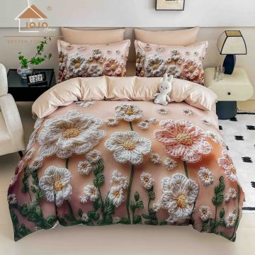 Lenjerie de Pat Bumbac Finet 5D 4 Piese cu Elastic 140x200 ,   Blush Blossom