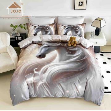 Lenjerie de Pat Bumbac Finet 5D 4 Piese cu Elastic 140x200 ,   Silver Unicorn