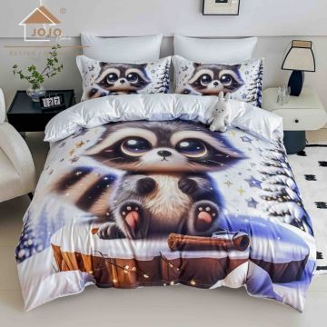 Lenjerie de Pat Bumbac Finet 5D 4 Piese cu Elastic 140x200 ,   Snowy Raccoon
