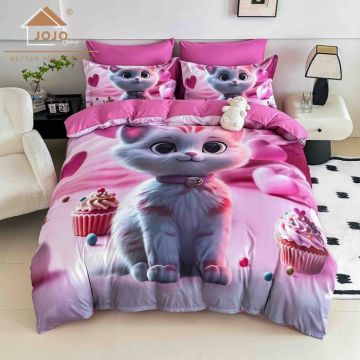Lenjerie de Pat Bumbac Finet 5D 4 Piese cu Elastic 140x200 ,   Sweet Kitty