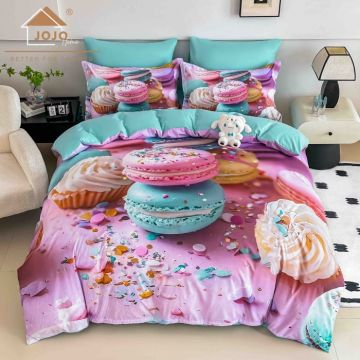 Lenjerie de Pat Bumbac Finet 5D 4 Piese cu Elastic 140x200 ,   Sweet Macarons