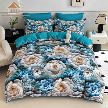 Lenjerie de Pat Bumbac Finet 5D 6 Piese cu Elastic 180x200 ,   Azure Bloom