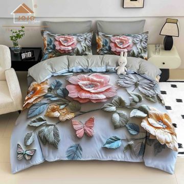 Lenjerie de Pat Bumbac Finet 5D 6 Piese cu Elastic 180x200 ,   Bloom Grace