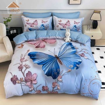 Lenjerie de Pat Bumbac Finet 5D 6 Piese cu Elastic 180x200 ,   Blue Butterfly
