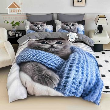 Lenjerie de Pat Bumbac Finet 5D 6 Piese cu Elastic 180x200 ,   Blue Cuddle Kitty
