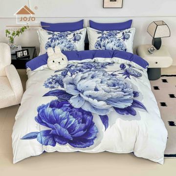 Lenjerie de Pat Bumbac Finet 5D 6 Piese cu Elastic 180x200 ,   Blue Peony Elegance