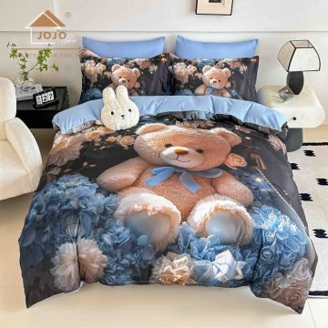 Lenjerie de Pat Bumbac Finet 5D 6 Piese cu Elastic 180x200 ,   Blue Teddy Dreams