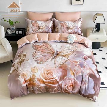 Lenjerie de Pat Bumbac Finet 5D 6 Piese cu Elastic 180x200 ,   Blush Butterfly
