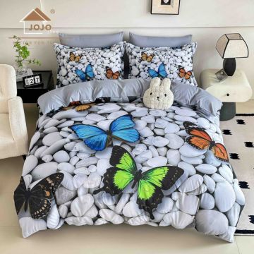 Lenjerie de Pat Bumbac Finet 5D 6 Piese cu Elastic 180x200 ,   Butterfly Pebbles