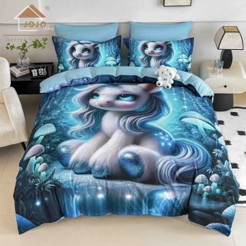 Lenjerie de Pat Bumbac Finet 5D 6 Piese cu Elastic 180x200 ,   Crystal Unicorn