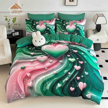 Lenjerie de Pat Bumbac Finet 5D 6 Piese cu Elastic 180x200 ,   Emerald Hearts