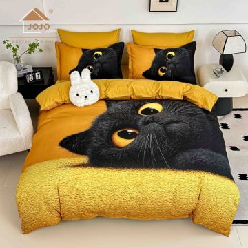 Lenjerie de Pat Bumbac Finet 5D 6 Piese cu Elastic 180x200 ,   Golden Eyes Cat