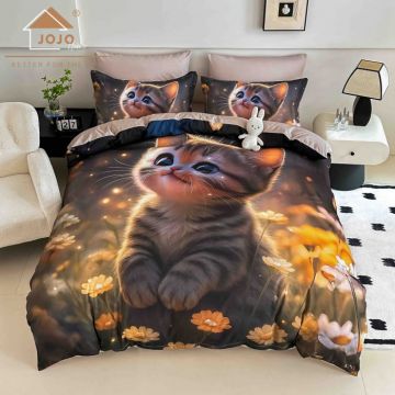 Lenjerie de Pat Bumbac Finet 5D 6 Piese cu Elastic 180x200 ,   Golden Kitty