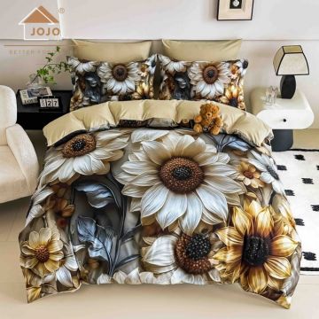 Lenjerie de Pat Bumbac Finet 5D 6 Piese cu Elastic 180x200 ,   Golden Sunflower