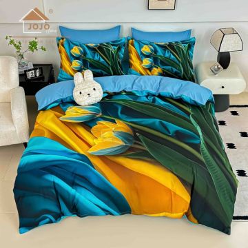 Lenjerie de Pat Bumbac Finet 5D 6 Piese cu Elastic 180x200 ,   Golden Tulips