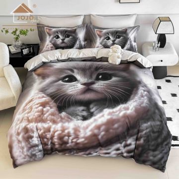 Lenjerie de Pat Bumbac Finet 5D 6 Piese cu Elastic 180x200 ,   Kitty Cuddle