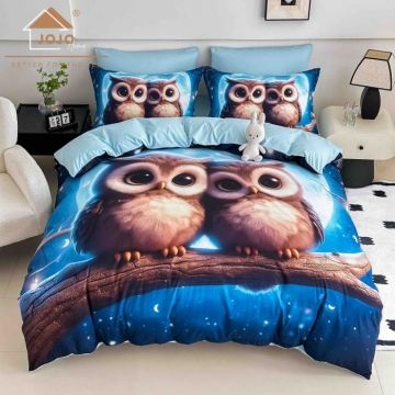 Lenjerie de Pat Bumbac Finet 5D 6 Piese cu Elastic 180x200 ,   Moon Owls