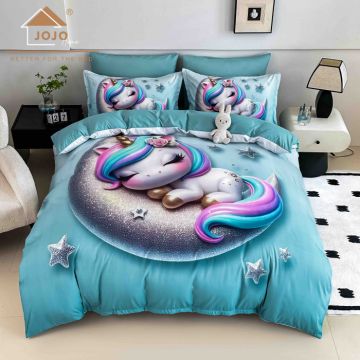 Lenjerie de Pat Bumbac Finet 5D 6 Piese cu Elastic 180x200 ,   Moon Unicorn