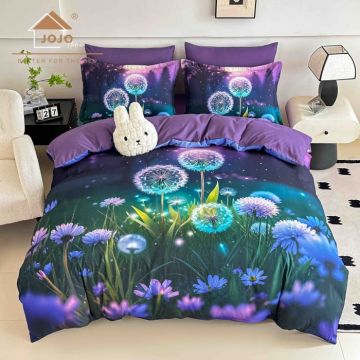 Lenjerie de Pat Bumbac Finet 5D 6 Piese cu Elastic 180x200 ,   Mystic Dandelion