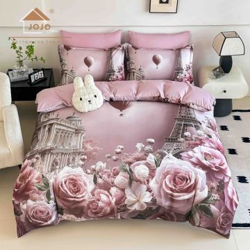 Lenjerie de Pat Bumbac Finet 5D 6 Piese cu Elastic 180x200 ,   Paris Romance