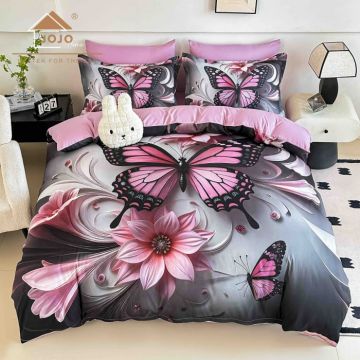Lenjerie de Pat Bumbac Finet 5D 6 Piese cu Elastic 180x200 ,   Pink Butterfly Dream
