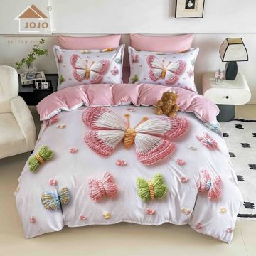 Lenjerie de Pat Bumbac Finet 5D 6 Piese cu Elastic 180x200 ,   Pink Butterfly