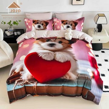 Lenjerie de Pat Bumbac Finet 5D 6 Piese cu Elastic 180x200 ,   Puppy Love