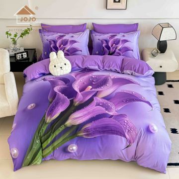 Lenjerie de Pat Bumbac Finet 5D 6 Piese cu Elastic 180x200 ,   Purple Calla