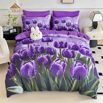 Lenjerie de Pat Bumbac Finet 5D 6 Piese cu Elastic 180x200 ,   Purple Tulips