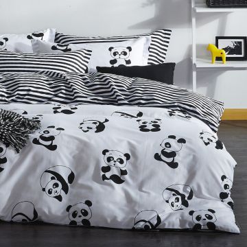 Lenjerie de pat dubla (EU) (IT), 3 piese, L'essentiel Maison, Panda, Alb/Negru