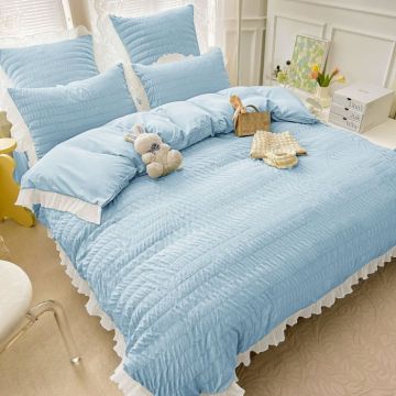 Lenjerie de Pat Dublu Finet Creponat Uni cu Volanase, 6 Piese, 230x250 cm ,   Bleu