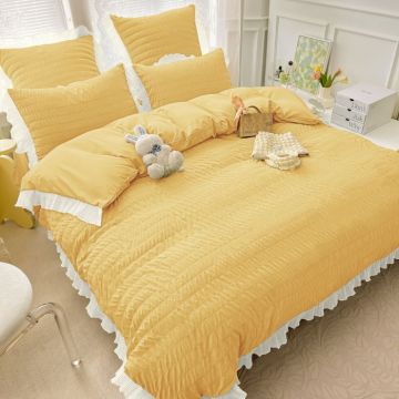 Lenjerie de Pat Dublu Finet Creponat Uni cu Volanase, 6 Piese, 230x250 cm ,   Galben
