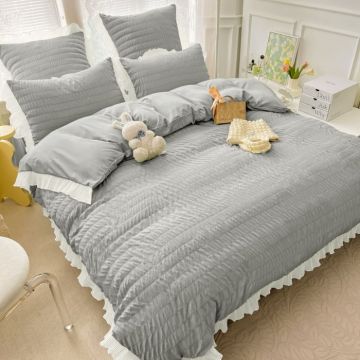 Lenjerie de Pat Dublu Finet Creponat Uni cu Volanase, 6 Piese, 230x250 cm ,   Gri deschis