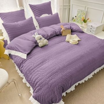 Lenjerie de Pat Dublu Finet Creponat Uni cu Volanase, 6 Piese, 230x250 cm ,   Mov