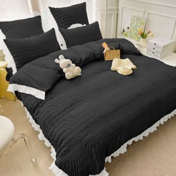 Lenjerie de Pat Dublu Finet Creponat Uni cu Volanase, 6 Piese, 230x250 cm ,   Negru