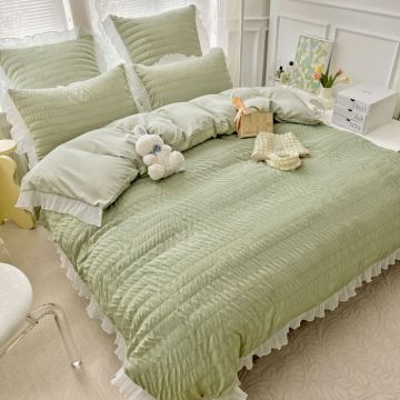 Lenjerie de Pat Dublu Finet Creponat Uni cu Volanase, 6 Piese, 230x250 cm ,   Verde