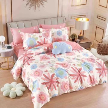 Lenjerie Finet 6 Piese cu Elastic 180x200, Coral Tropical