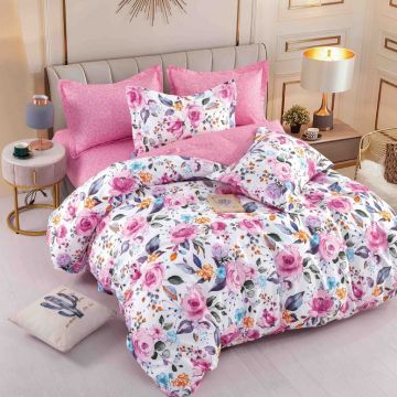 Lenjerie Finet 6 Piese cu Elastic 180x200, Pink Floral