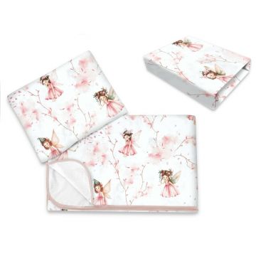 Lenjerie pat junior cu 3 piese, Qmini, Cu cearceaf 160x80 cm, Din bumbac certificat Oeko Tex Standard 100, Cu paturica si pernuta, Fairy Pink