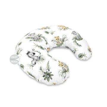 Perna pentru alaptat, Qmini, Din bumbac certificat Oeko Tex Standard 100, Cu husa detasabila, Cu fermoar securizat, Circumferinta 155 cm, Safari