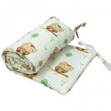 Protectie laterala pentru patut copii Kerstin Cute Owls 180 x 30 cm, cu doua fete, suprafata din bumbac 100, prindere cu panglici