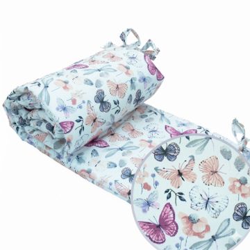 Protectie laterala pentru patut copii Kerstin Fluturi si Libelule 180 x 30 cm, cu doua fete, suprafata din bumbac 100, prindere cu panglici