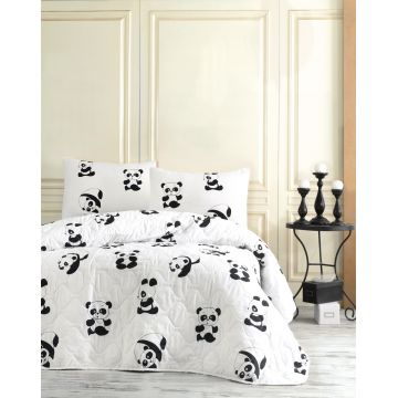 Set cuvertura matlasata dubla King (FR), 3 piese, L'essentiel Maison, Panda, 65% bumbac/35% poliester, Alb/Negru