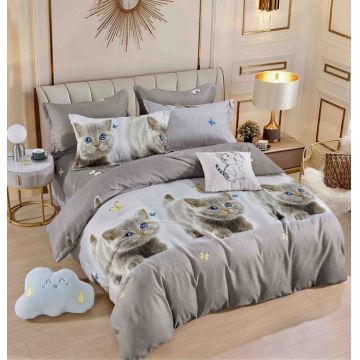 Set Lenjerie de Pat Finet 6 Piese, Bumbac Finet, Fara Elastic ,   Blue Eyes Kitty