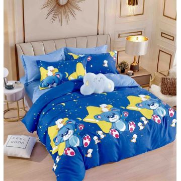 Set Lenjerie de Pat Finet 6 Piese, Bumbac Finet, Fara Elastic ,   Blue Star Bear